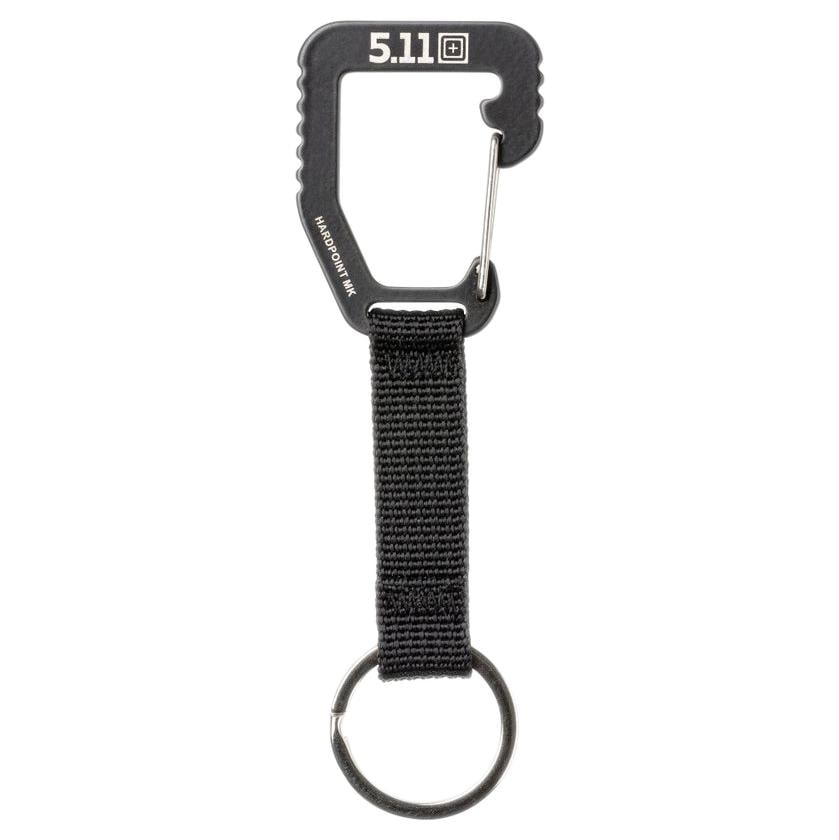 5.11 Tactical Black Hardpoint Mk1 Carabiner: This compact and smallest size option is designed to fit on pant loops and other attachments, featuring a webbing strap with one strap pass-through and a sturdy metal split ring for conveniently secur