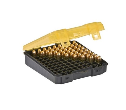 Plano 9mm/.380 Auto Ammunition Field Case-100: Crafted from sturdy hard shell plastic, this ammunition container features a convenient flip top lid, ensuring effortless access to your stored items. Keywords: firearms accessories, shooting gear, gu
