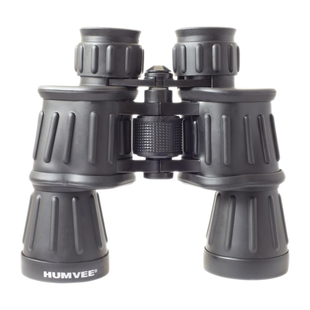 Humvee Black 10 X 50 Field Binocular: This binocular features 10x magnification, a 50mm objective lens diameter, and a 324-foot field of view at 1000 yards. It has anti-reflective ruby red glass lenses, a rubberized black armor coating fo