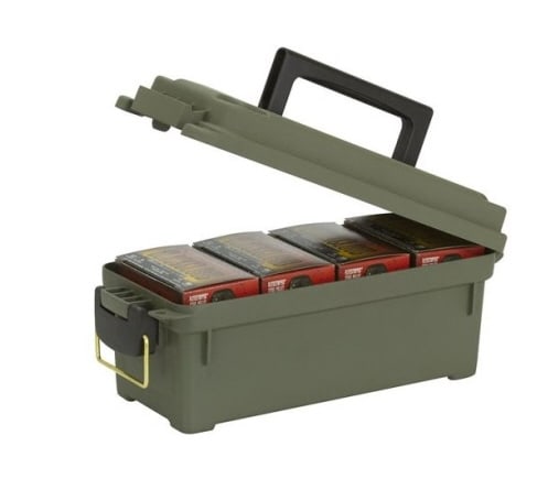 Plano Lockable Field/ammo Shot Shell Box Compact: Equipped with a water resistant o ring seal and secured by a brass bail latch, this container is designed to hold up to four shot shell boxes while keeping your items protected. Keywords: firearms acc