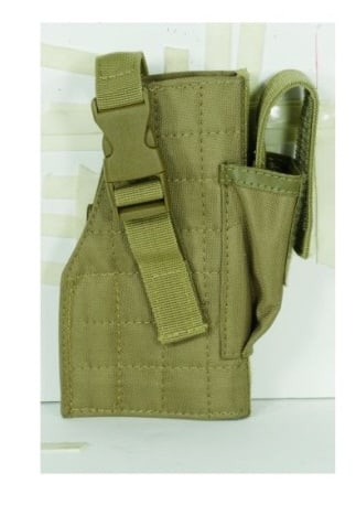Voodoo Tactical Coyote Tactical Molle Holster: For right hand user. Carry your medium- or large-frame semi-automatic pistol securely on your vest with the attached mag pouch, universal molle straps, and side-release buckle system. Keywords: firear
