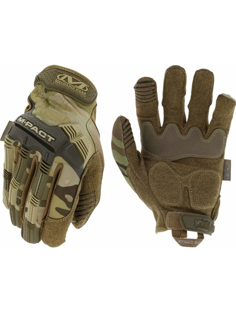 Mechanix Wear 2x-large Camo M-pact Gloves: Size: 2x-large. The m-pact protects working hands with thermoplastic rubber (tpr) knuckle protection that absorbs blunt force impact and meets en 13594 impact standard. The m-pact features d3o palm pa