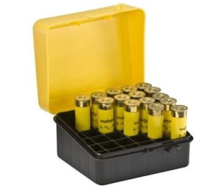 Plano Yellow/black 25-rounds Shotgun Shell Box: The design of this product allows for ideal storage, simply flip up the top, and effortlessly retrieve your items. Keywords: firearms, ammo box, shotgun shell, organizer, storage, ammunition, holder.