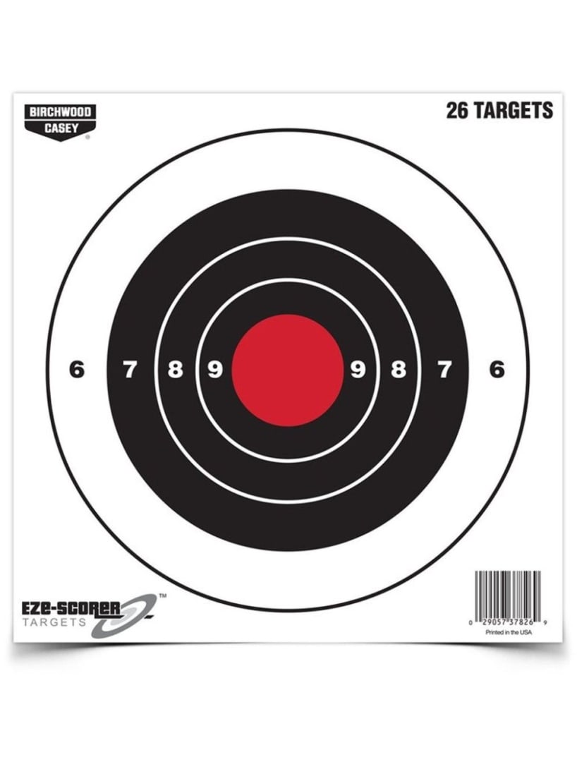 Birchwood Casey 26 Pieces 8" Bull's-eye Target: Each pack includes 4–3-inch shoot-n-c reactive targets, offering an economical option for use at indoor or outdoor ranges with clear visibility due to being printed on brilliant, bright white pa