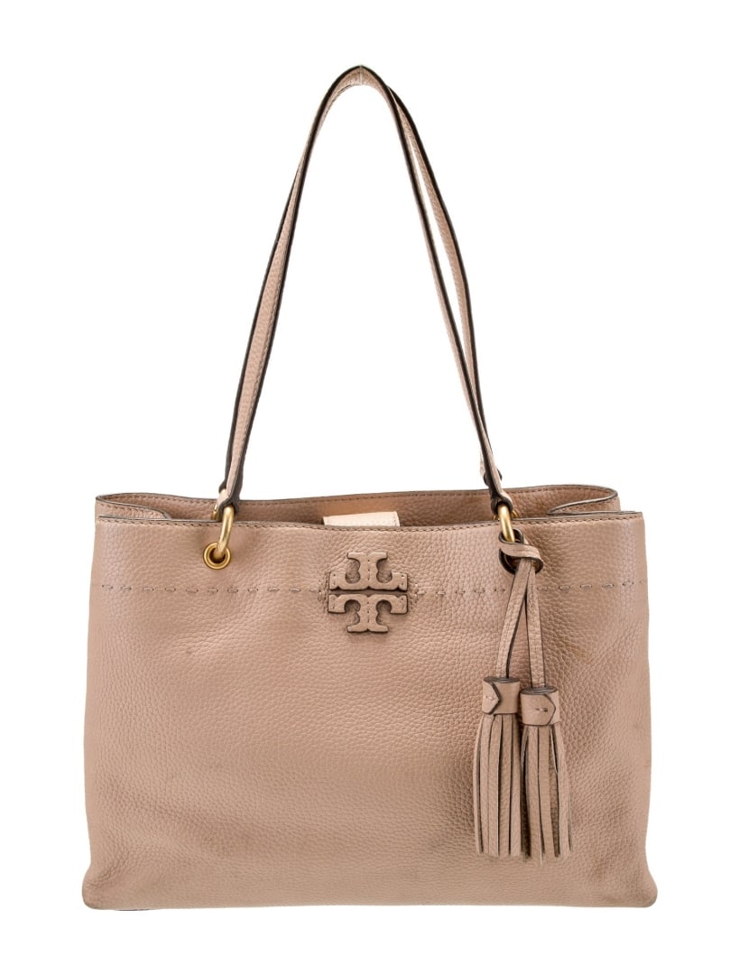 Tory Burch Neutrals Snap Closed Shoulder Bag: Condition is good, pre-owned. Details: neutrals leather, antiqued gold-tone hardware, flat handles, dual shoulder straps, tassel accents, nylon lining, three interior pockets, snap closure at top, sho