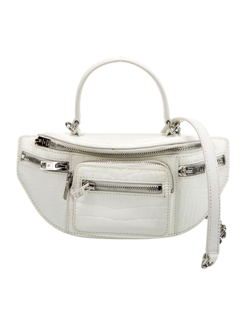 Alexander Wang White Patent Zip Closed Clutch: Condition is very good, pre-owned. Details: white patent leather, silver-tone hardware, flat handle, chain-link shoulder strap, logo jacquard lining with card slots, zip closure at front, handle drop: