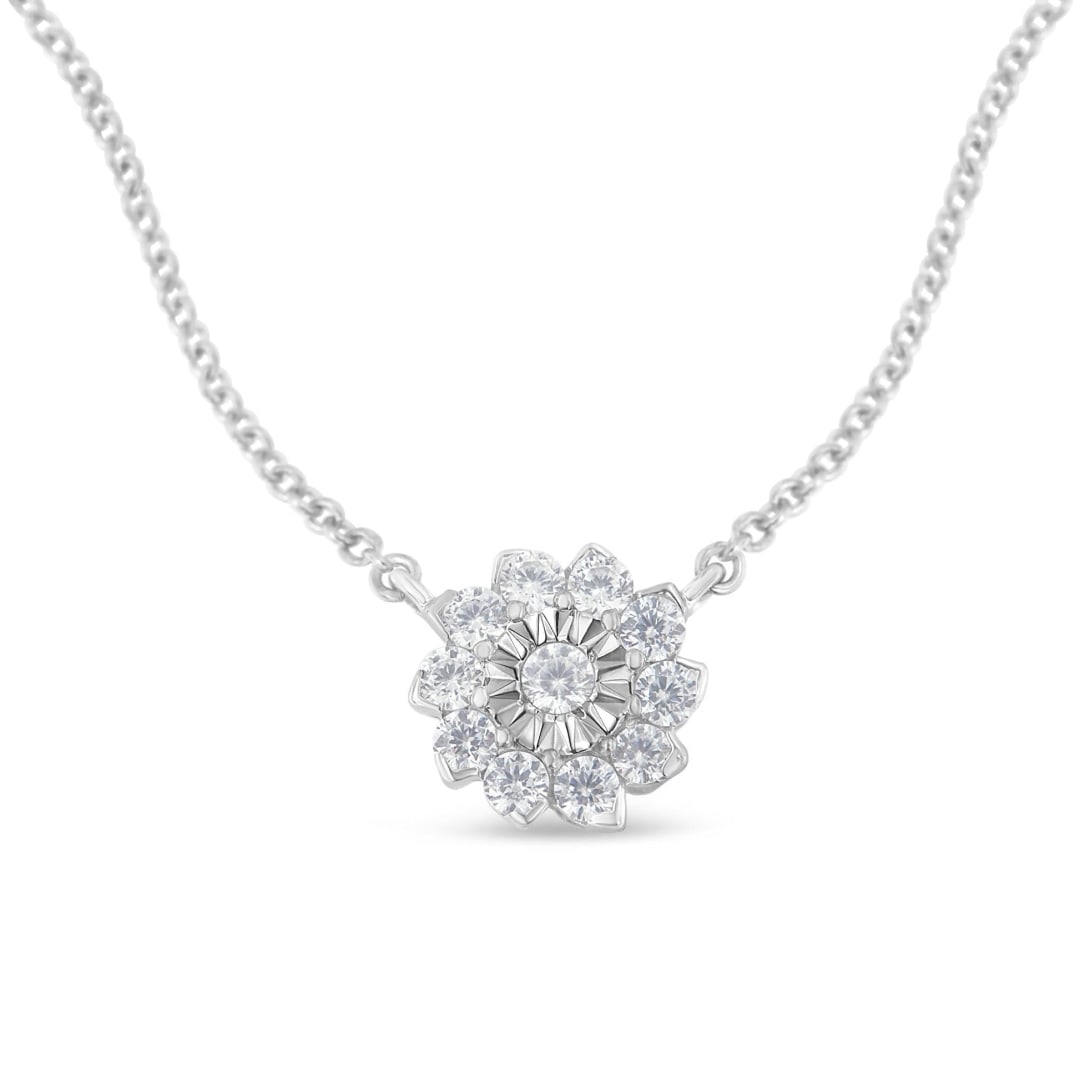 Dazzling .50ct Diamond Floral Cluster Necklace: Length: 18". This exquisite piece features 11 individual round brilliant-cut diamonds, totaling 0. 50 carats, each carefully set to radiate captivating brilliance. With i1-i2 clarity and i-j color, th