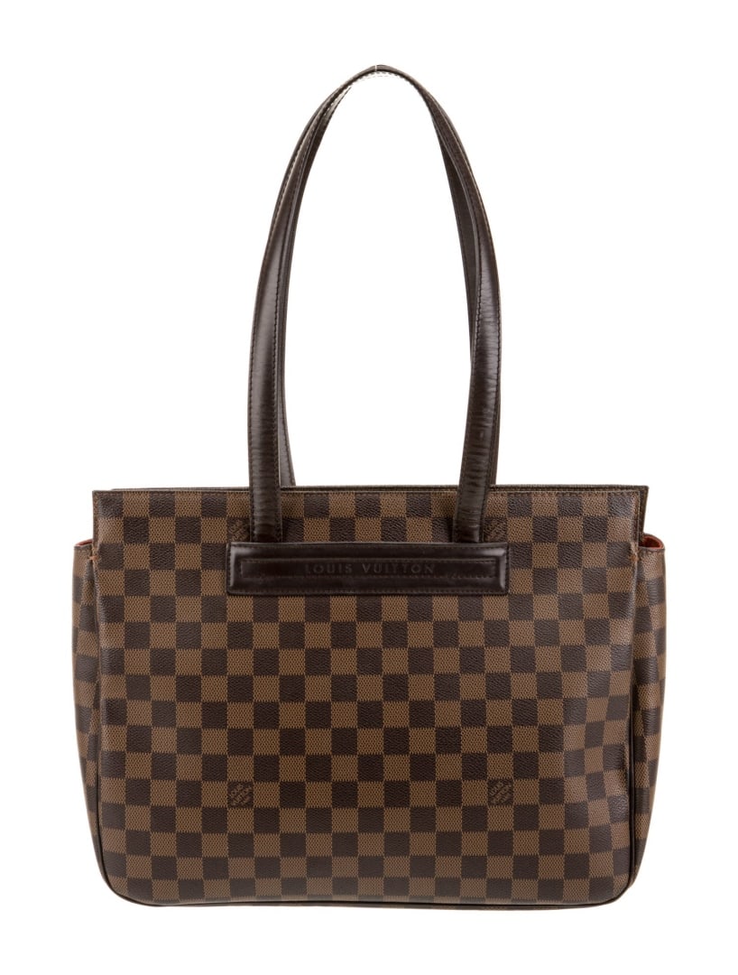 Louis Vuitton Damier Ebene Shldr Bag Top Shldr Bag: Condition is very good, pre-owned. Details: from the 2003 collection, brown coated canvas, damier ebene pattern, brass hardware, leather trim, dual shoulder straps, leather trim embellishment & single