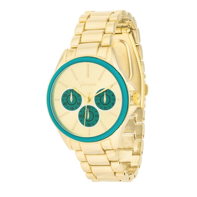 Gold-pl Teal Accent 40mm Chronograph Watch: Sleek and stylish watch, measuring 40mm in length (dial diameter), 40mm in width, and 8mm in height. Crafted with precision, this timepiece combines elegance with functionality, making it the perfect