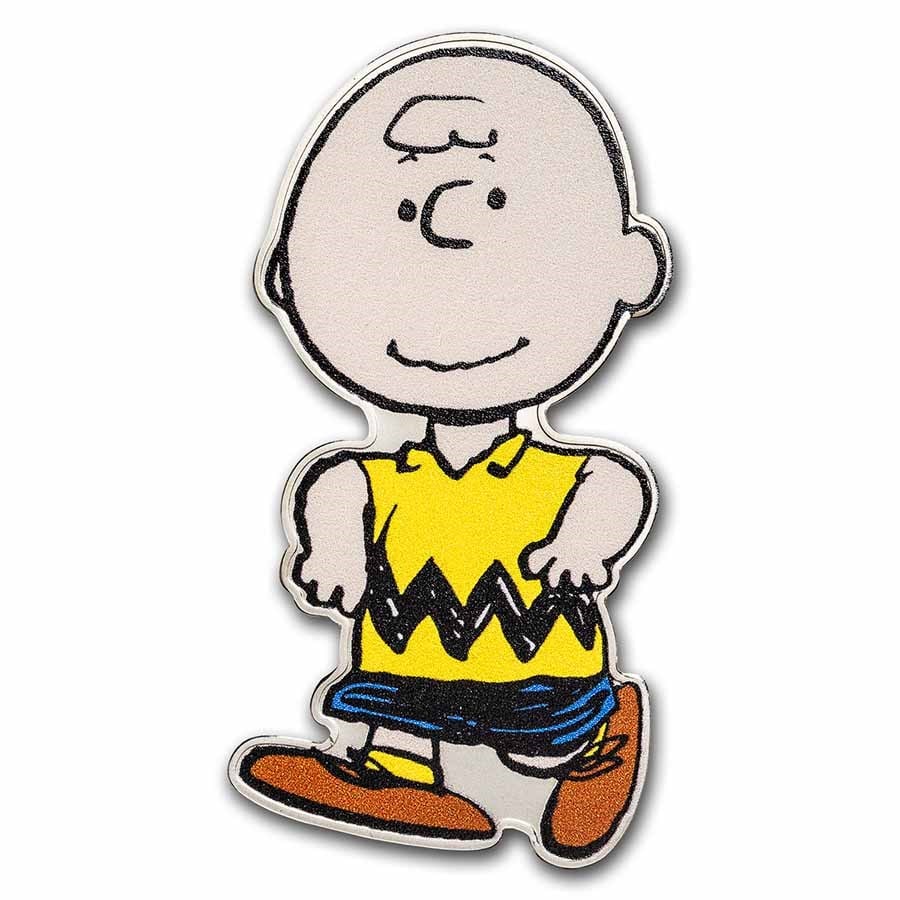 Peanuts 1oz Colorized Charlie Brown Shaped Silver: This 1 oz . 999 fine silver piece is colorized and uniquely shaped like charlie brown. Limited to just 999 pieces, it comes in a custom charlie brown-shaped capsule, housed in a special tin with a the