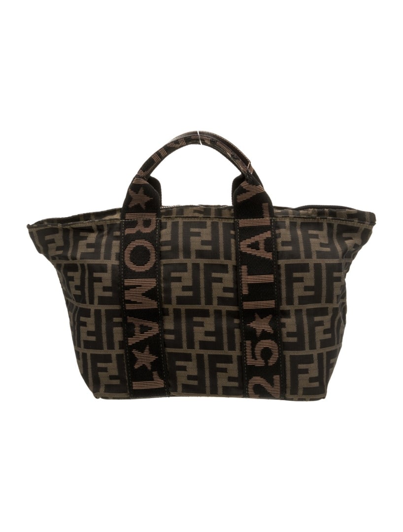 Fendi Neutrals Nylon Printed Top Handle Bag: Condition is very good, pre-owned. Details: from the 1989 collection, vintage, neutrals nylon, printed, gold-tone hardware, leather trim, flat handles, logo jacquard lining, zip closure at top, handle