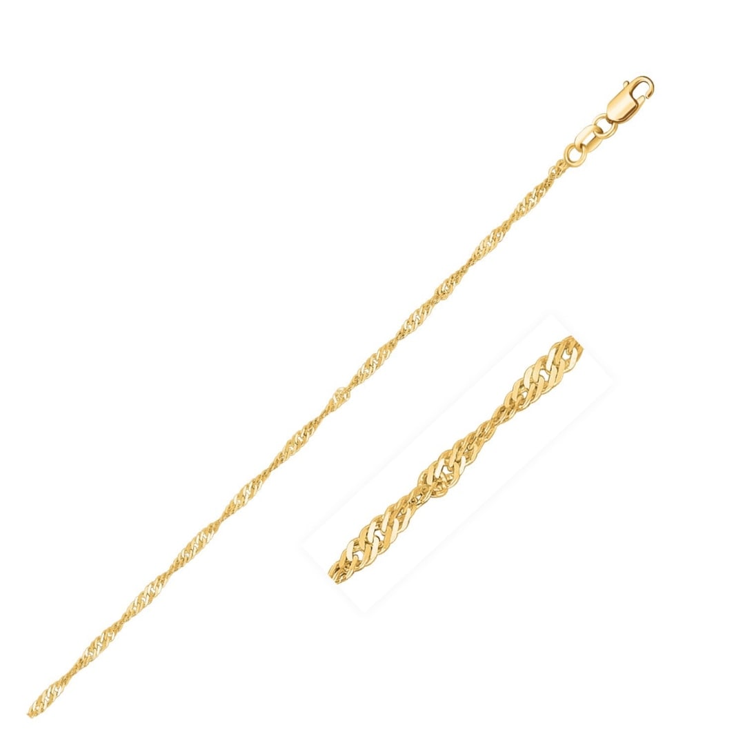 14k Gold Singapore Chain 1.3mm: Size: 18''. This singapore chain comes in 14k gold and has a width of 1. 3 millimeters. Chain information: width: 0. 06 inches, chain type: singapore, clasp type: lobster-claw, approximate weight: 1. 