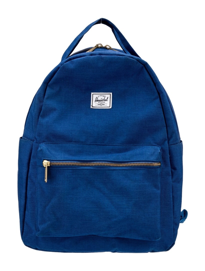 Herschel Supply Co. Blue Canvas Top Portfolio: Condition is very good, pre-owned. Details: blue canvas, gold-tone hardware, flat handle & dual adjustable shoulder straps, three exterior pockets, nylon lining & single interior pocket, zip closures 