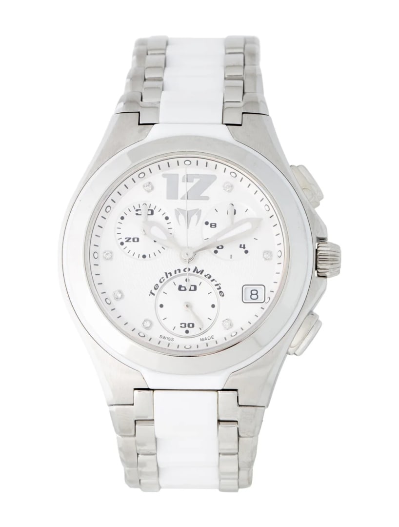 Technomarine Neo Classic Chrono Women's 40mm: Condition is good, pre-owned. Details: silver dial, butterfly clasp, fits a wrist size of 7. 5" or smaller, collection: neo classic, model name: chrono, serial number: 07******, movement: quartz, comp