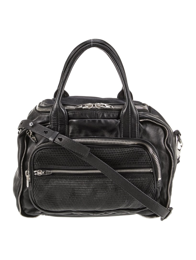 Alexander Wang Black Leather Zip Cls Shoulder Bag: Condition is very good, pre-owned. Details: black leather, silver-tone hardware, rolled handles & single shoulder strap, three exterior pockets, nylon lining & single interior pocket, zip closure at t