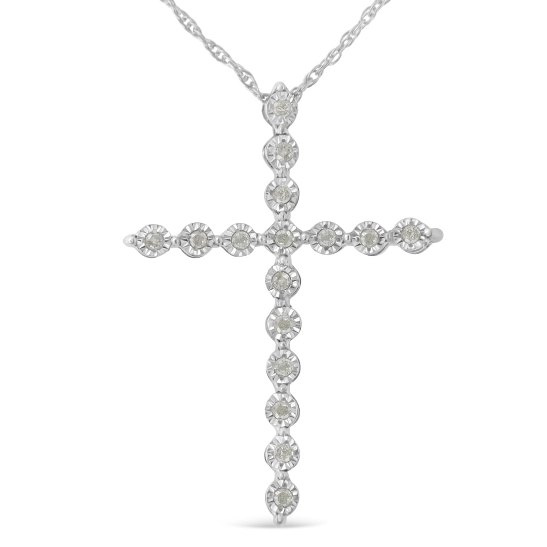 Round .15ct Diamond Holy Cross Necklace: Chain length: 18". This necklace features a 925 sterling silver chain with a box design, measuring 30 x 20 x 2 mm. Adorned with 16 natural diamonds, it boasts a total weight of 0. 15 carats, showcasin