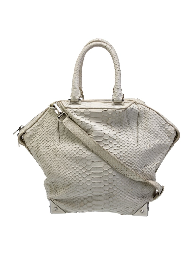 Alexander Wang White Snakeskin Zip Top Hdl Bag: Condition is good, pre-owned. Details: white snakeskin, silver-tone hardware, rolled handles & single adjustable shoulder strap, nylon lining & three interior pockets, zip closure at top, protective f