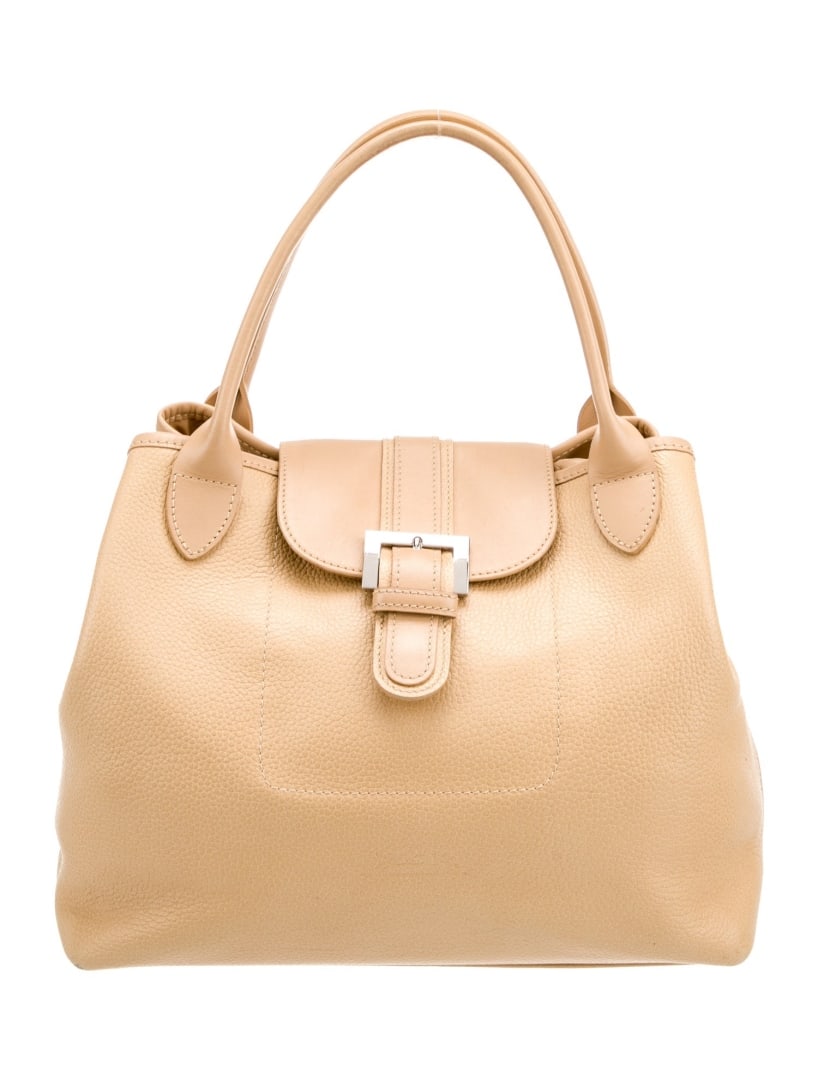 Longchamp Neutrals Leather Snap Cls Top Handle Bag: Condition is very good, pre-owned. Details: neutrals leather, silver-tone hardware, flat handles, single exterior pocket, logo jacquard lining & three interior pockets, snap closure at front, protecti