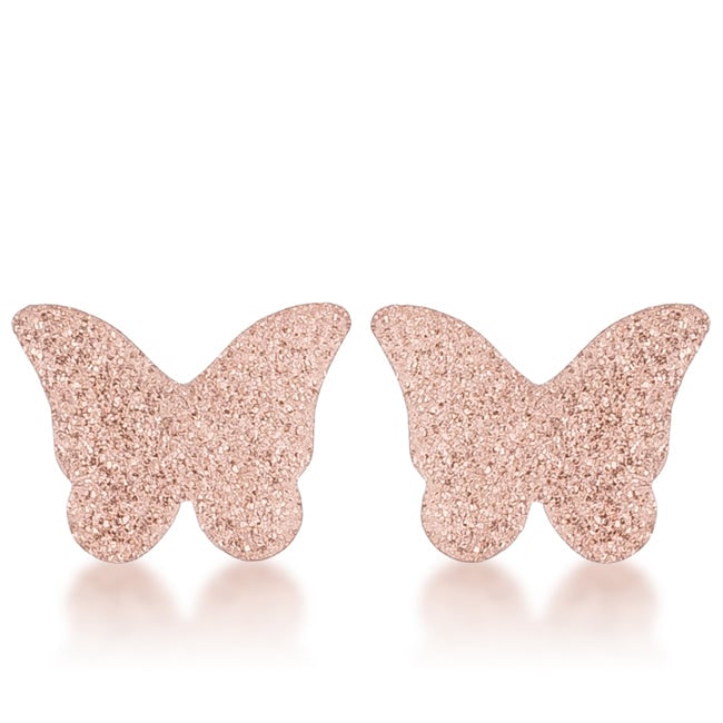 Minimalist Rose Goldpl. Butterfly Stud Earrings: These beautiful glittery butterfly stud earrings are a charming and classic addition to any jewelry collection. Made from high-quality rose gold-plated stainless steel, feature a delicate and intricat