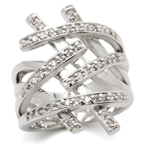 Unique .60ct White Topaz Fashion Ring: Ring size: 5. Made with brass, plated with rhodium. This fashion ring features an intriguing design that is sure to turn heads. Embellished with small, round-shaped 1. 4mm white topaz gemstones, this 