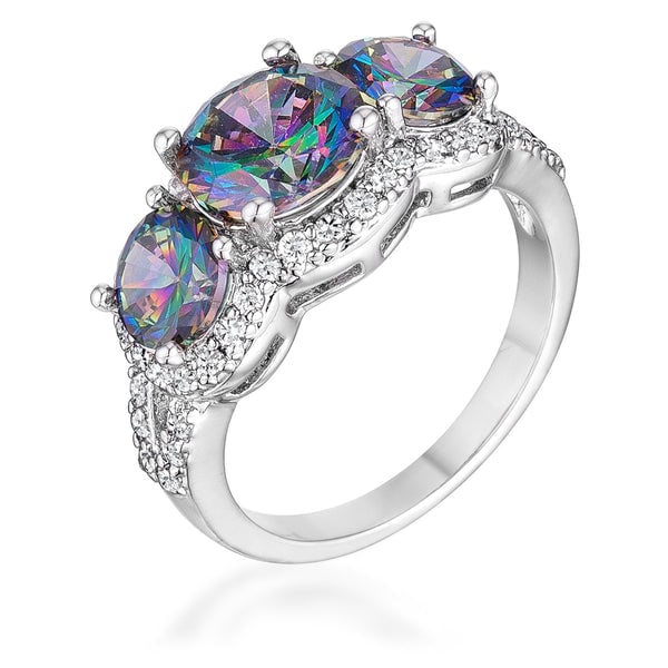 Round 6.75ct Mystic Quartz 3-stone Ring: Size 8. Enhance your elegance with this beautiful piece of jewelry. The 2. 25 mm band width and lead-free alloy (brass) base metal, combined with a genuine rhodium plating, give it a stylish and endur