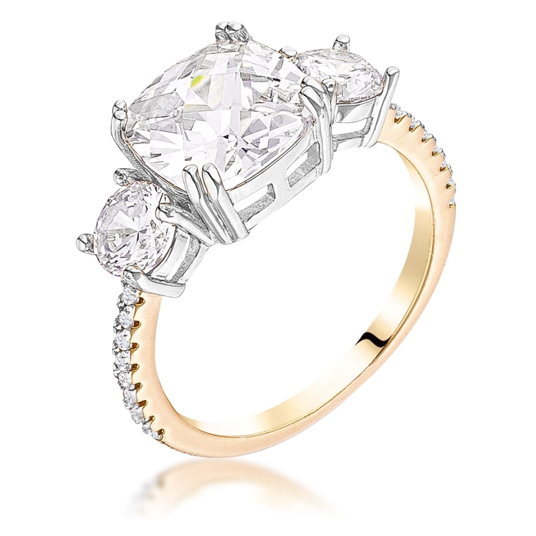 18k Gold-pl. 3.65ct White Sapphire 3-stones Ring: Ring size: 10. Showcases a stunning 2. 75-carat cushion cut white sapphire center stone, complemented by dazzling round white sapphire stones on each side and a delicate micro pave of white sapphires 