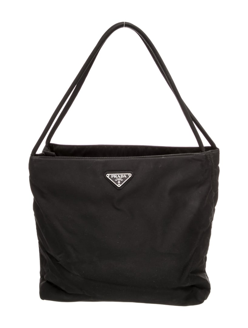 Prada Nero Nylon Silver-tone Open Top Shldr Bag: Condition is good, pre-owned. Details: nero nylon, tessuto nylon, silver-tone hardware, rolled handles & dual shoulder straps, logo jacquard lining & dual interior pockets, open top, shoulder strap dr