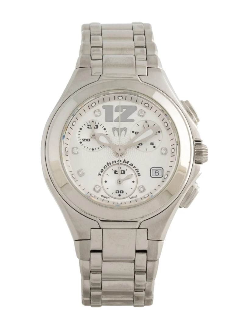 Technomarine Neo Classic Women's Quartz 34mm: Condition is good, pre-owned. Details: silver dial, butterfly clasp, wrist size of 6" or smaller, collection: neo classic, model name: chronograph, serial number: 07******, movement: quartz, complicat