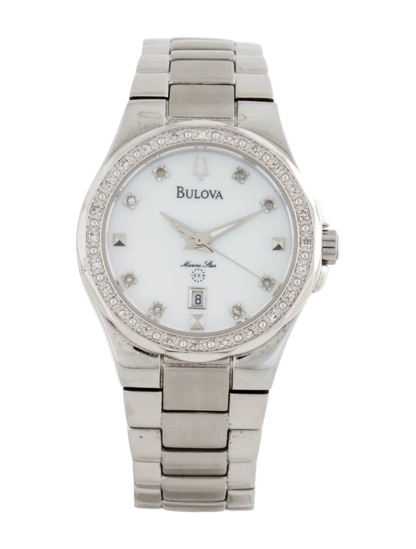 Bulova Marine Star Women's Quartz 30mm: Condition is very good, pre-owned. Details: mother of pearl dial, butterfly clasp, wrist size of 5. 75" or smaller, collection: marine star, serial number: c8*****, movement: quartz, complications: da
