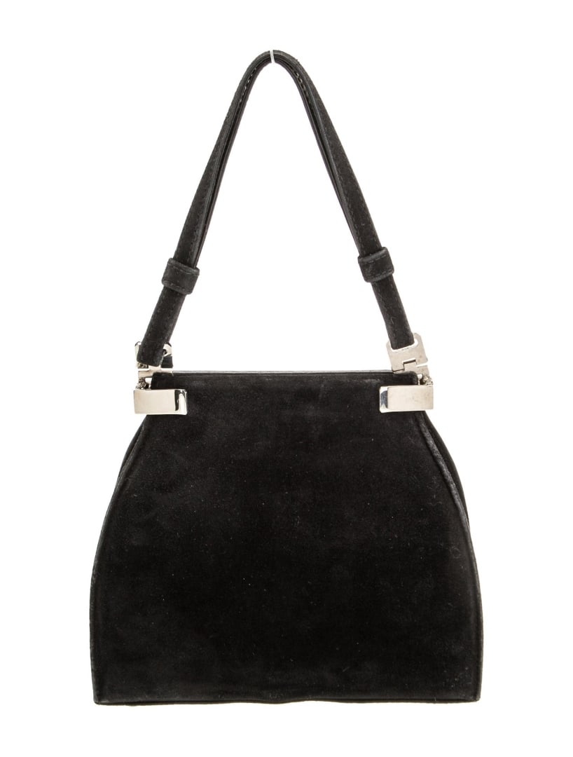 Stuart Weitzman Black Suede Flap Cls Evening Bag: Condition is good, pre-owned. Details: black suede, silver-tone hardware, flat handle, leather lining & single interior pocket, flap closure at side, protective feet at base, handle drop: 5", height: