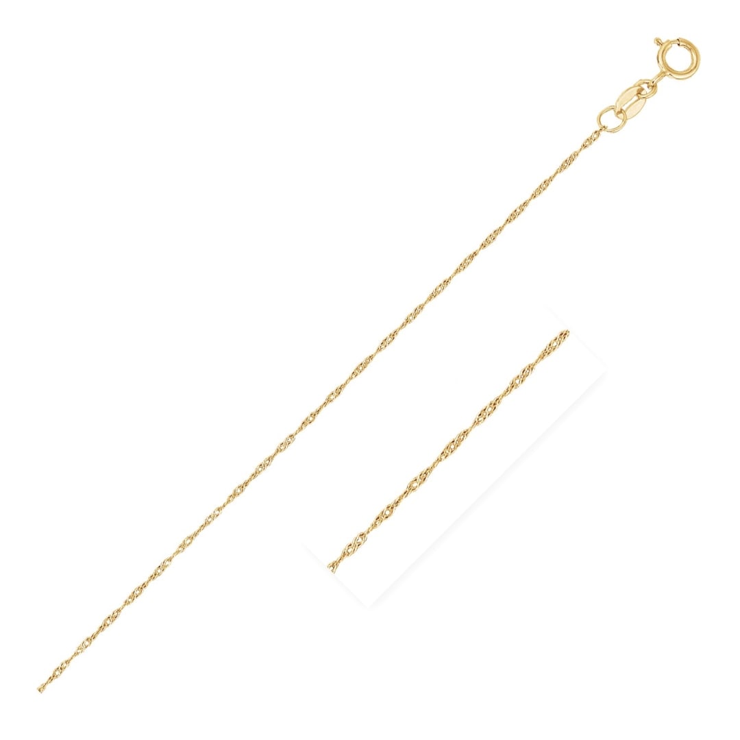 14k Gold Singapore Chain 0.6mm: Size: 18''. This singapore chain comes in 14k gold and has a width of 0. 6 millimeters. Chain information: chain type: singapore, approximate weight: 0. 5 gram(s).