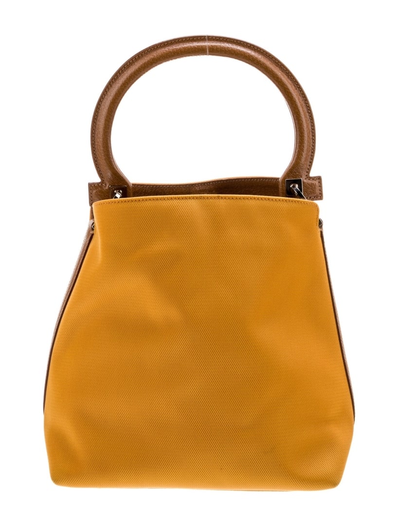 Salvatore Ferragamo Vtg Ylw Canvas Top Handle Bag: Condition is very good, pre-owned. Details: vintage, yellow canvas, silver-tone hardware, leather trim, rolled handle, leather trim embellishment, logo jacquard lining & single interior pocket, snap c