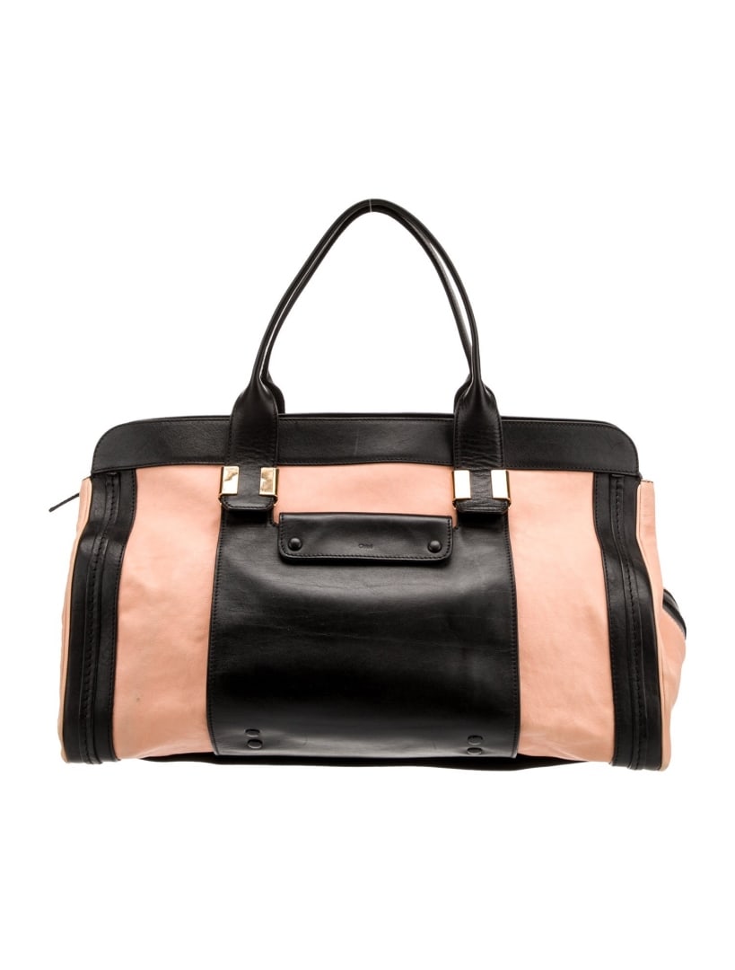 Chloe Black Leather Colorblock Top Handle Bag: Condition is good, pre-owned. Details: black leather, colorblock pattern, gold-tone hardware, flat handles & single shoulder strap, leather trim embellishment & dual exterior pockets, canvas lining &