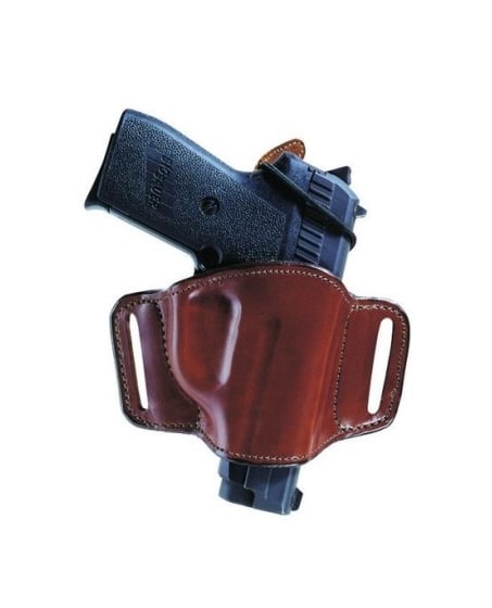 Bianchi 13/15 Tan Minimalist Belt Slide Holster: This leather holster is a compact, open-top design that is ideal for daily wear. An elastic loop firearm retainer tab wraps over the hammer to provide secure retention. This belt slide holster feature