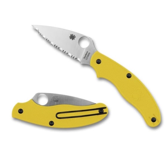 Spyderco Yellow/silver Uk Pen Knife: The full flat ground, leaf shaped blade is precision machined from nitrogen enriched lc200n steel, ensuring exceptional durability and corrosion resistance. Plus, the knife features a reversible deep 