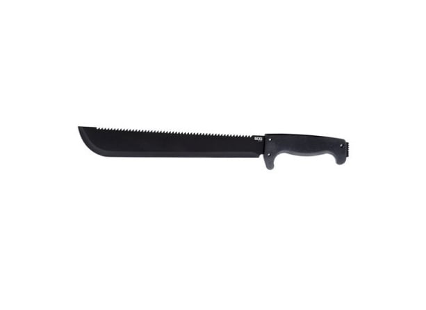 Sog Black Sogfari Machete: Perfect for outdoor adventures, this tool is equipped with blades featuring sharp teeth designed to cut through various materials with ease and precision. Keywords: survival, hunting, camping, fishing