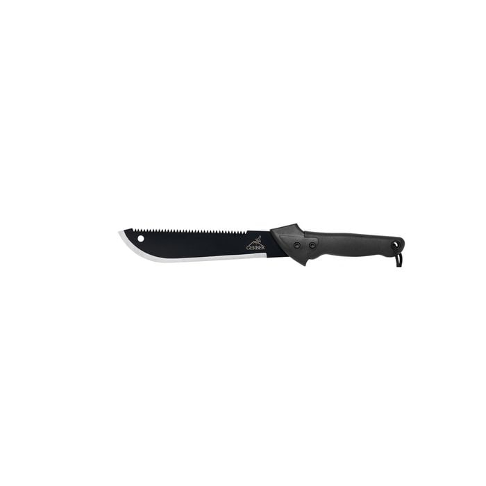 Gerber Gear Gator Machete W/nylon Sheath Black: This gator machete is a tough and compact version of the full-sized machete designed for backcountry travel and outdoor tasks. Featuring a two-sided blade, it combines a fine edge for hacking brush an