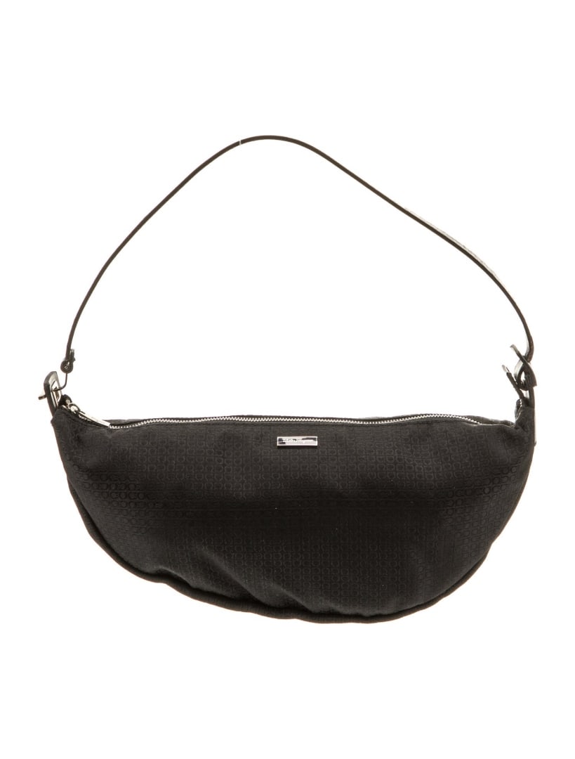 Salvatore Ferragamo Slvr-tone Hdw Shoulder Bag: Condition is: very good, pre-owned. Details: black jacquard, silver-tone hardware, leather trim, single shoulder strap, unlined, zip closure at top, shoulder strap drop: 6. 5", height: 6. 25", width: