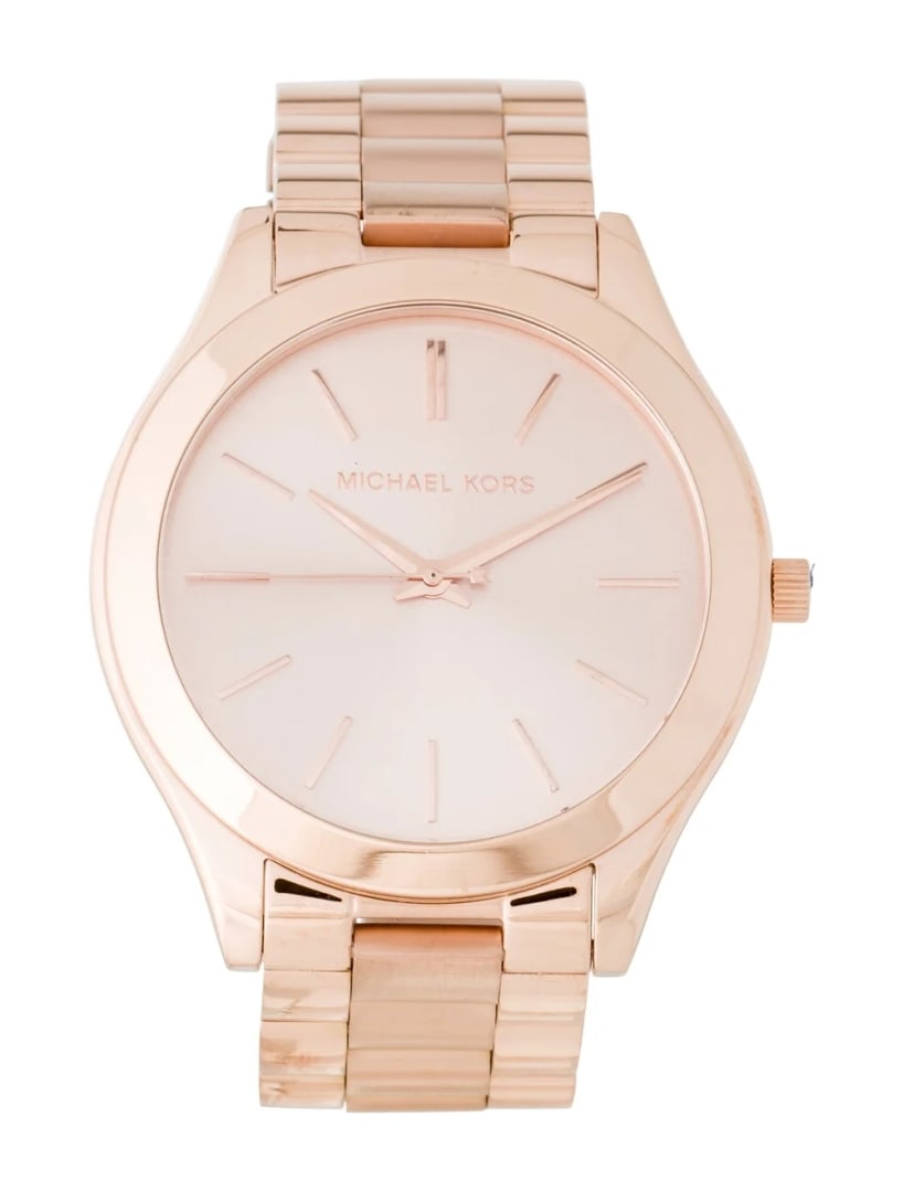 Michael Kors Runway Qtz Rose Gold Dial Ladies 42mm: Condition is very good, pre-owned. Details: rose gold dial, deployant clasp, fits a wrist size of 7" or smaller, collection: runway, serial number: 25****, movement: quartz, case shape: round, case ma
