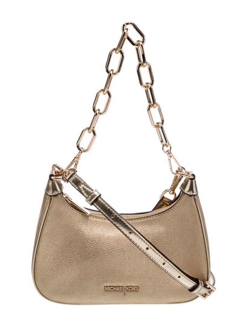 Michael Kors Gold Leather Chain-link Shldr Bag: Condition is very good, pre-owned. Details: gold leather, gold-tone hardware, chain-link handle & single adjustable shoulder strap, chain-link accents, logo jacquard lining with card slots, zip closur