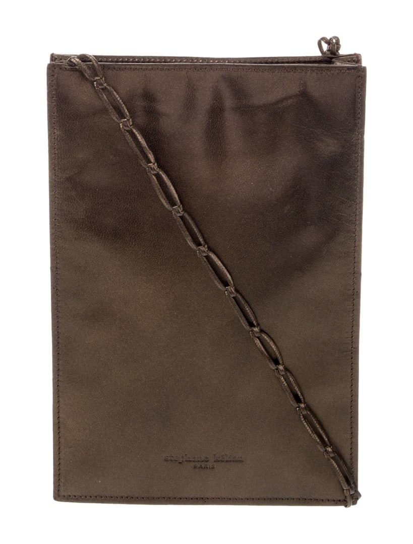 Stephane Kelian Brown & Metallic Leather Shldr Bag: Condition is very good, pre-owned. Details: brown & metallic leather, gold-tone hardware, single shoulder strap, suede lining, snap closure at top, includes box & dust bag, , shoulder strap drop: 20.