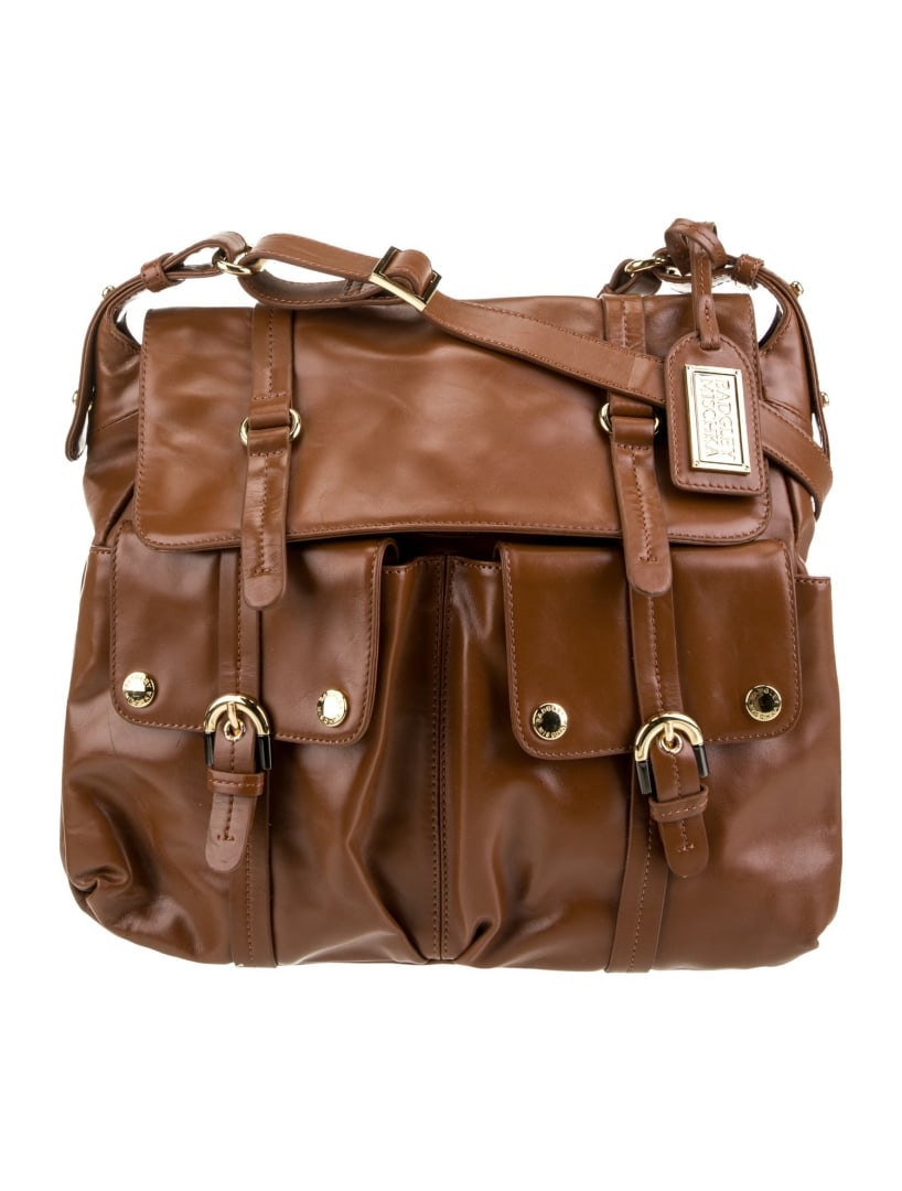 Badgley Mischka Brn Leather Grosgrain Top Hdl Bag: Condition is very good, pre-owned. Details: brown leather, gold-tone hardware, grosgrain lining, snap closure at front, height: 13. 25", width: 14. 75", depth: 4. 25", gender: women. Minor scuffs at e