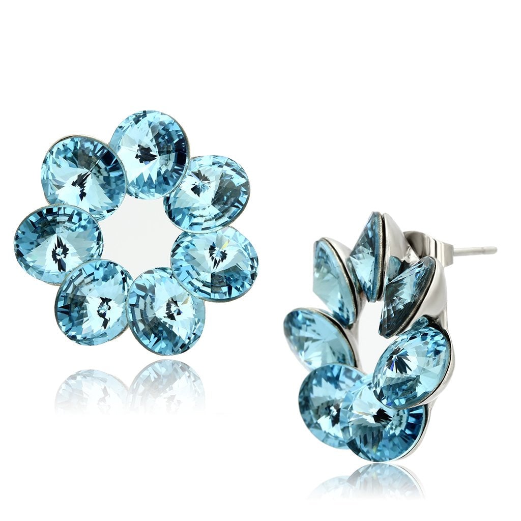Grand 17.50ct Sea Blue Aquamarine 7-stone Earrings: Made with stainless steel high polished. Believed to be simulated gemstone(s). Has a wreath like shape with a 7-stone design. Weight (approx): 10. 60 (g)