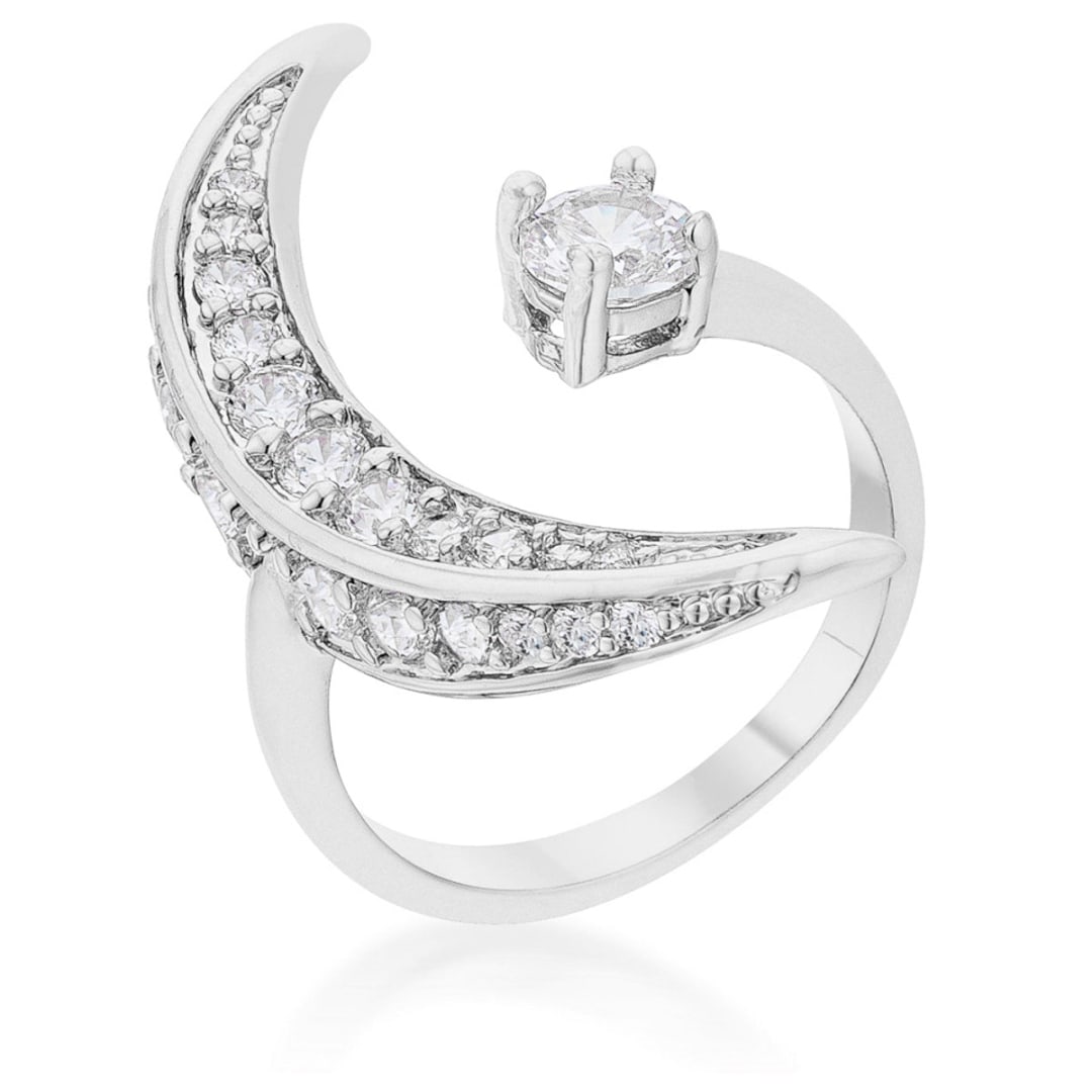 Charming .75ct White Topaz Crescent Moon Open Ring: Ring size: 10. The moon design is beautifully accentuated by the white topaz stones. Crafted with a genuine rhodium finish using an electroplating process, this ring boasts a platinum luster that will