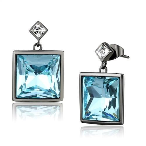 Cushion 33.36ct Aquamarine & White Topaz Earrings: Made with stainless steel with a gunmetal (dark grey) ion plating finish. Believed to be simulated gemstone(s). Weight (approx): 6. 94 (g). Center stone size: 14,14 mm