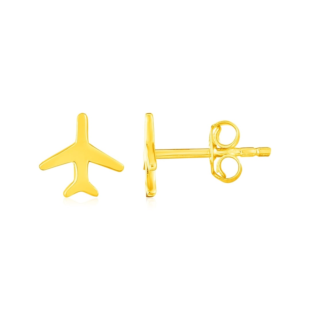 14k Gold Airplane Earrings: These charming 14k gold earrings recall the adventure of travel with their airplane profile shapes. Post earrings measure 7. 6x7. 4mm and are held in place by pushback clasps. Earring information: len