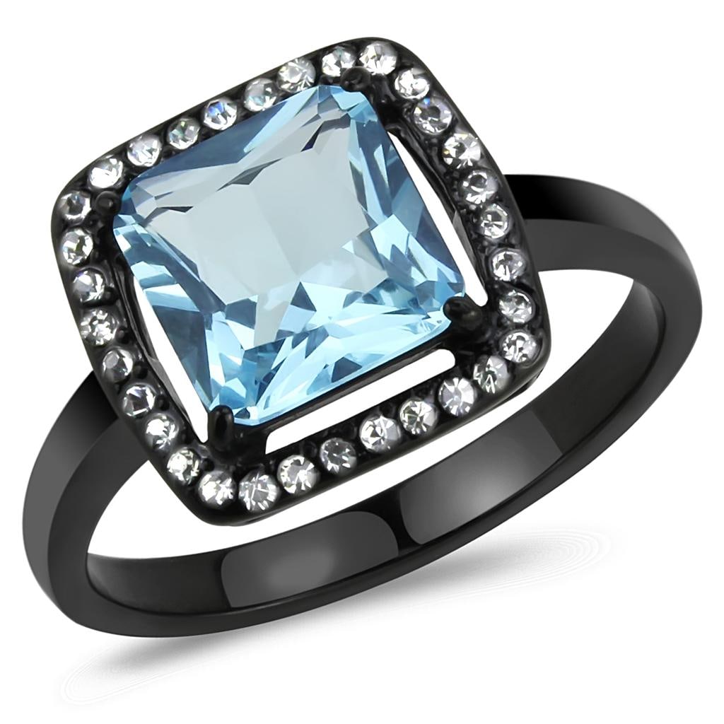 Asscher 1.16ct Aquamarine & Topaz Halo Ring: Size 5. Made with stainless steel with black ion plating. Simulated gemstone(s). Weight (approx): 2. 92 (g) center stone size: 8,8 mm