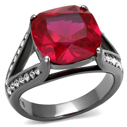 Gunmetal Plated Cushion 9.66ct Ruby & Topaz Ring: Size 5. Made with stainless steel with a gunmetal (dark grey) ion plating finish. Corundum weight (approx): 6. 52 (g) center stone size: 12,12 mm
