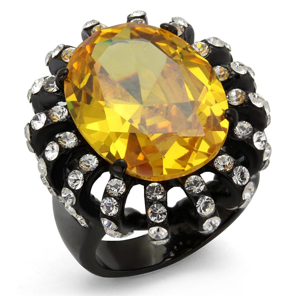 Oval 14.98ct Yellow Topaz Black Plated Ring: Size 5. Made with stainless steel with black ion plating. Believed to be simulated gemstone(s), very pretty! Weight (approx): 18. 21 (g) center stone size: 20,15 mm