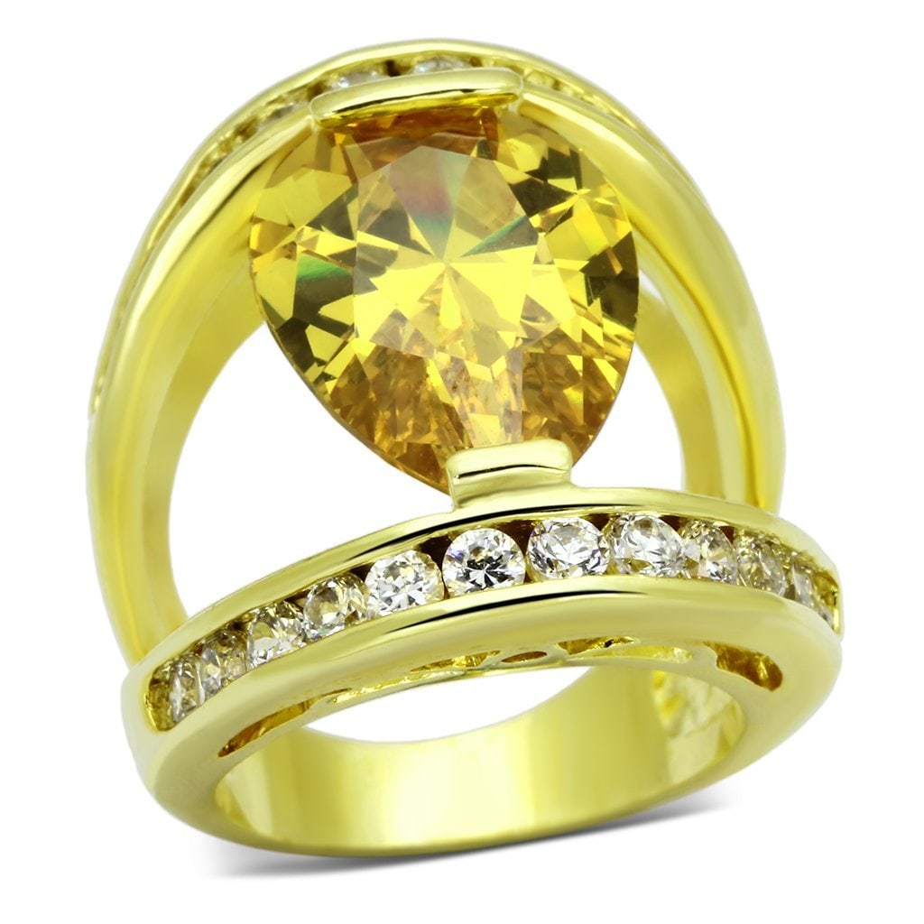 Pear 11.60ct Yellow Topaz Split Shank Ring: Ring size: 9. Made with brass and plated with gold. At the center of this masterpiece sits a radiant 18mm by 13mm pear-cut yellow topaz, its warm glow reminiscent of a sunlit autumn day. Flanking this